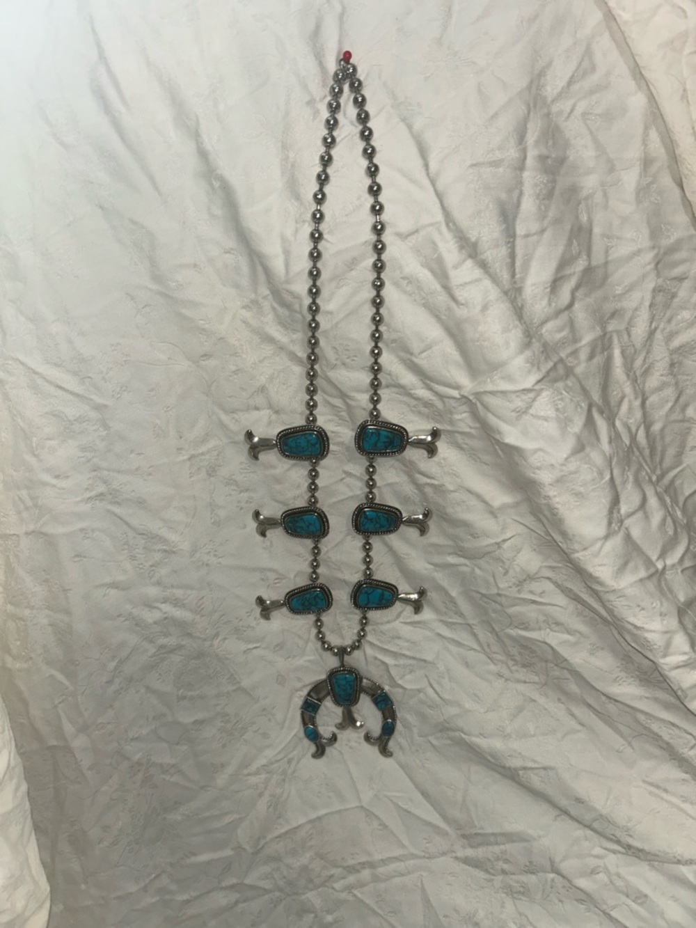 Turquoise Silver Toned Squash Blossom Necklace with matching Eart- Women Jewelry